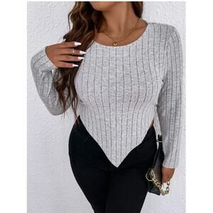 SHEIN Light Grey Crop Rib Knit Asymmetrical Hem Tee Shirt Plus Size: 20 (4XL)